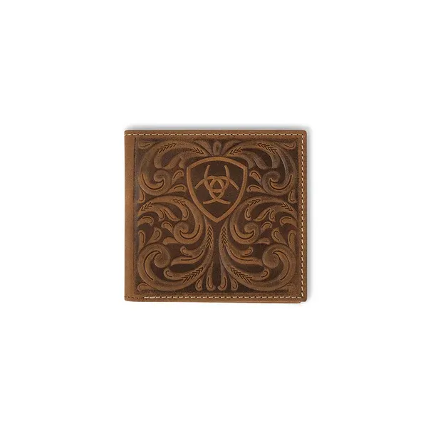 Ariat Bi Fold Scrolling embossed Medium Brown Leather Wallet