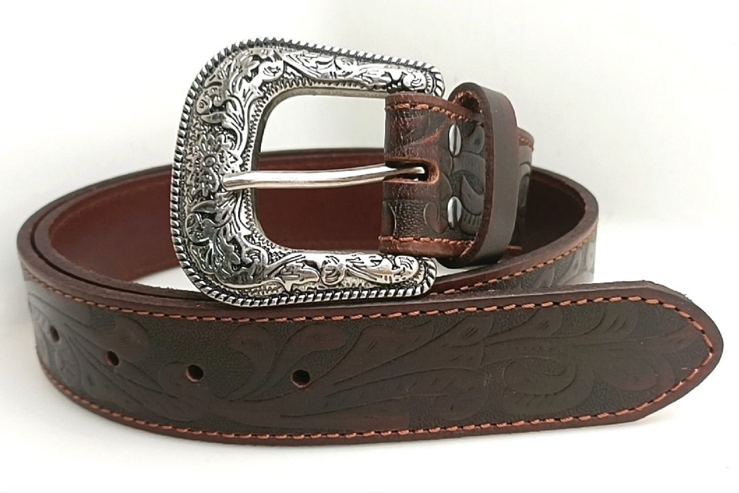Pilbara Adult Tooled Dark Brown Leather Belt