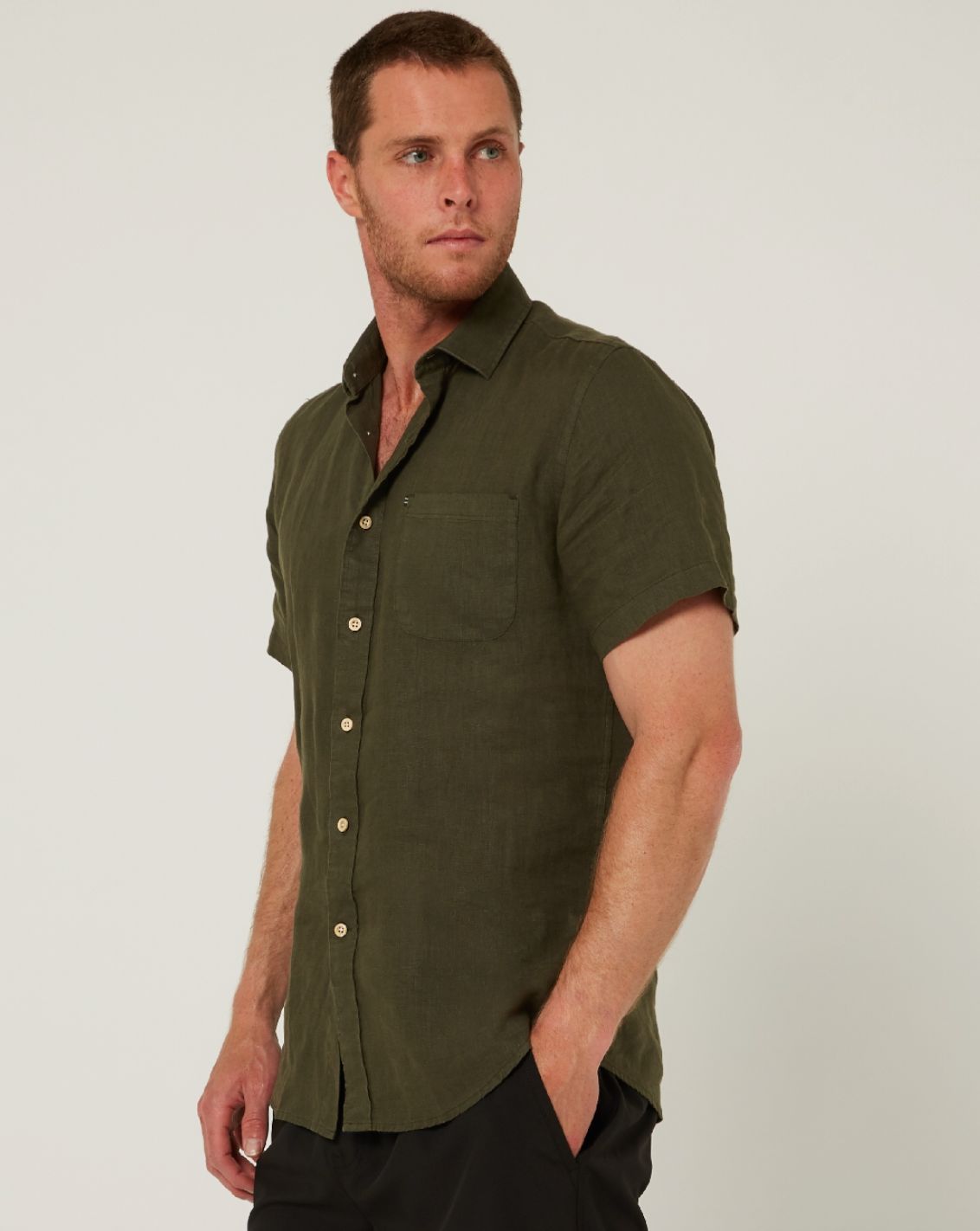 Pilbara Mens Linen Short Sleeve Olive Shirt