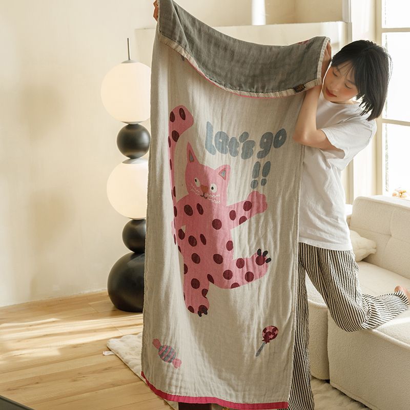 NNEDSZ Pink Cat Pattern Soft and Absorbent 4-Layer Cotton Bath Towel for Adults and Children | Cartoon Design | 80*160 cm | Perfect for Bathing and Lounging