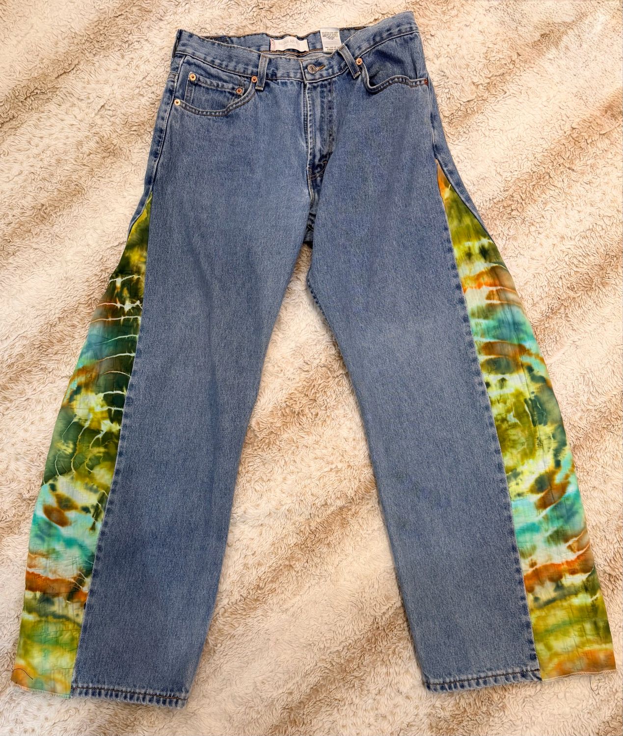 Levi’s 505 Upcycled Jean With Vintage Quilt Ice Dye Side Panel. Collaboration With Button &amp; Trixie