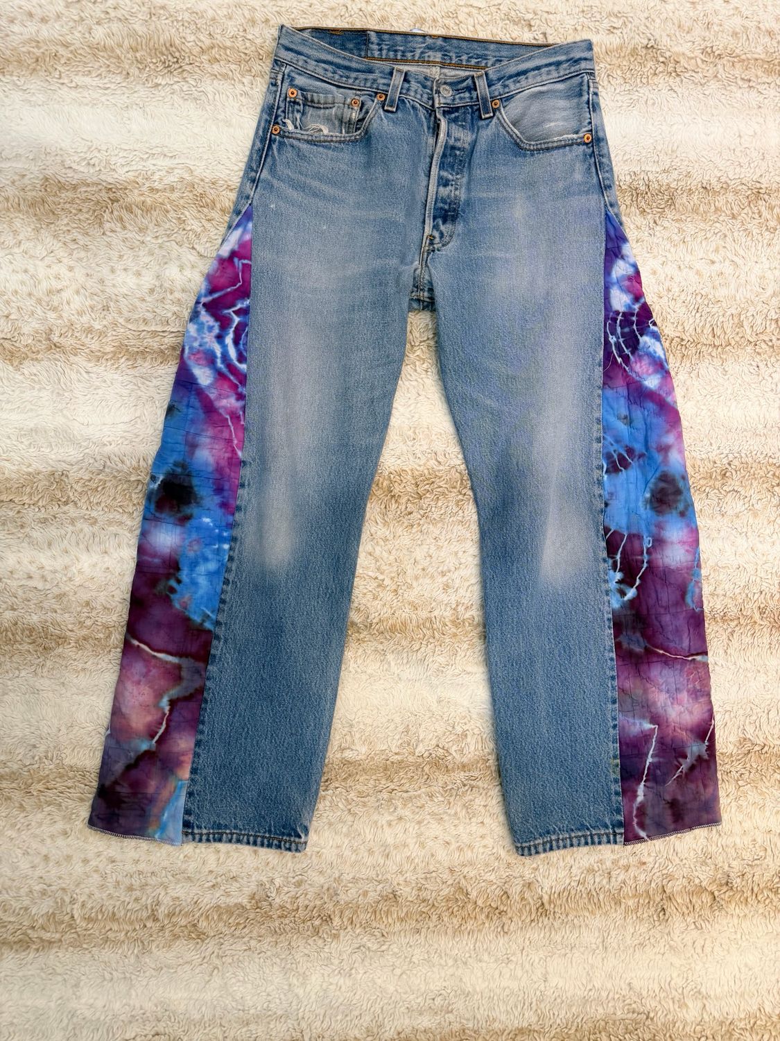 Levi’s 501 Men’s Jeans *upcycled* With Vintage Quilt Ice Dye Side panels.  Collaboration with Button &amp; Trixie. 30” Waistband And 29” Inseam