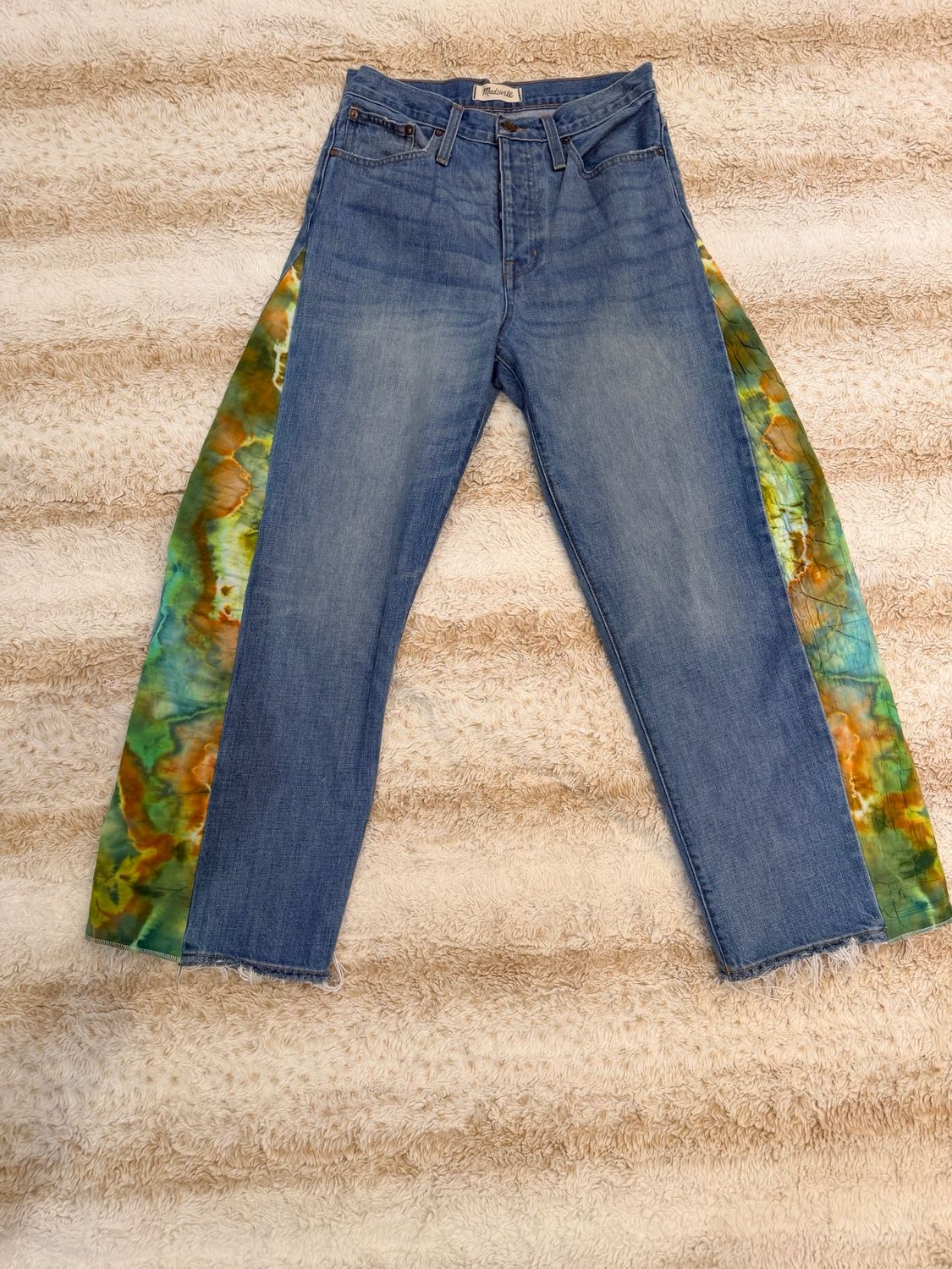 Madewell Women’s Upcycled Jeans With Vintage Quilt Ice Dye Side Panels.  Collaboration With Button &amp; Trixie.  30” Waist And 29” Inseam
