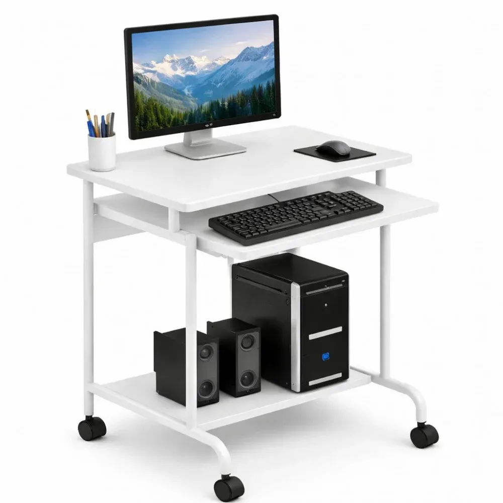 Scrivania Mobile "Compact" per Computer Ripiano Tastiera Scorrevole Bianco
