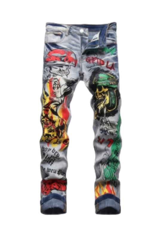 Streetwear Slim Fit Ripped Jeans – Printed Elastic Designer Denim