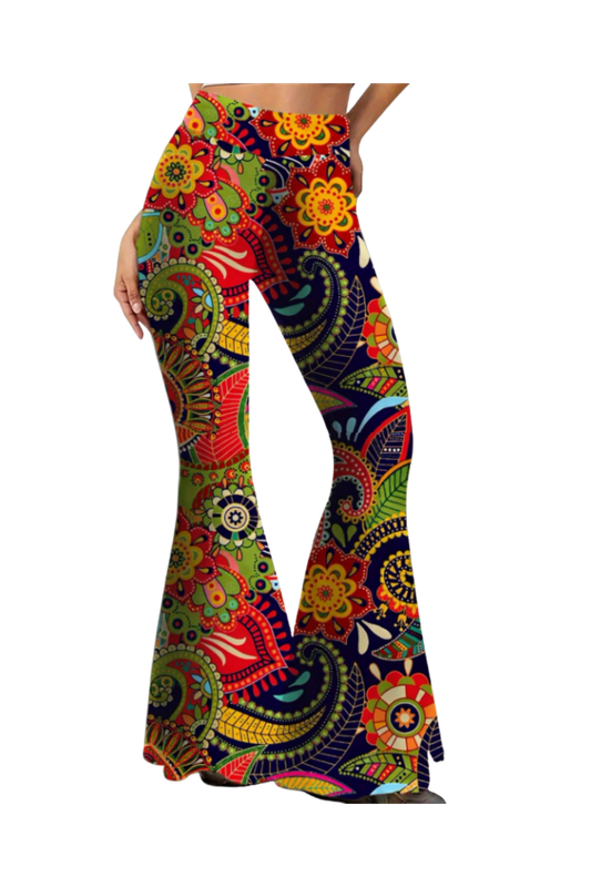 Women’s Floral Print Flared Pants – High-Waisted Stretchy Casual Long Trousers