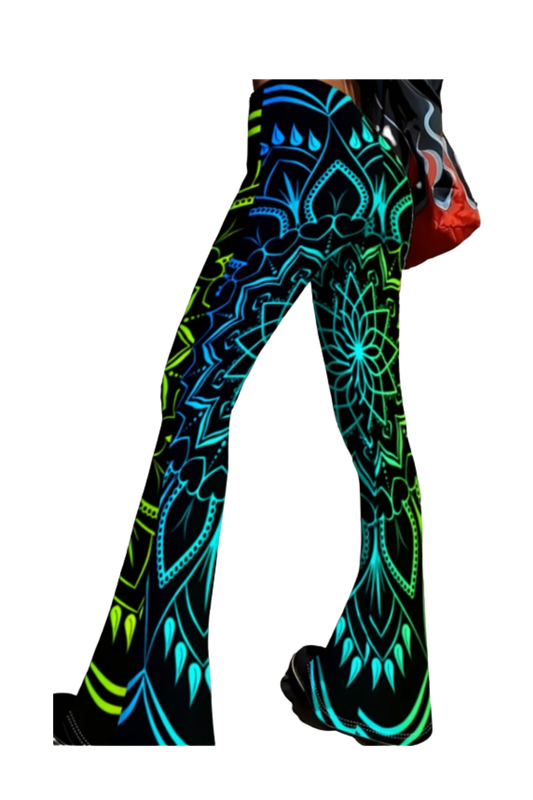 Women’s Geometric Patchwork Flared Pants – Trendy Tight-Fit Stretch Trousers, Artistic Design