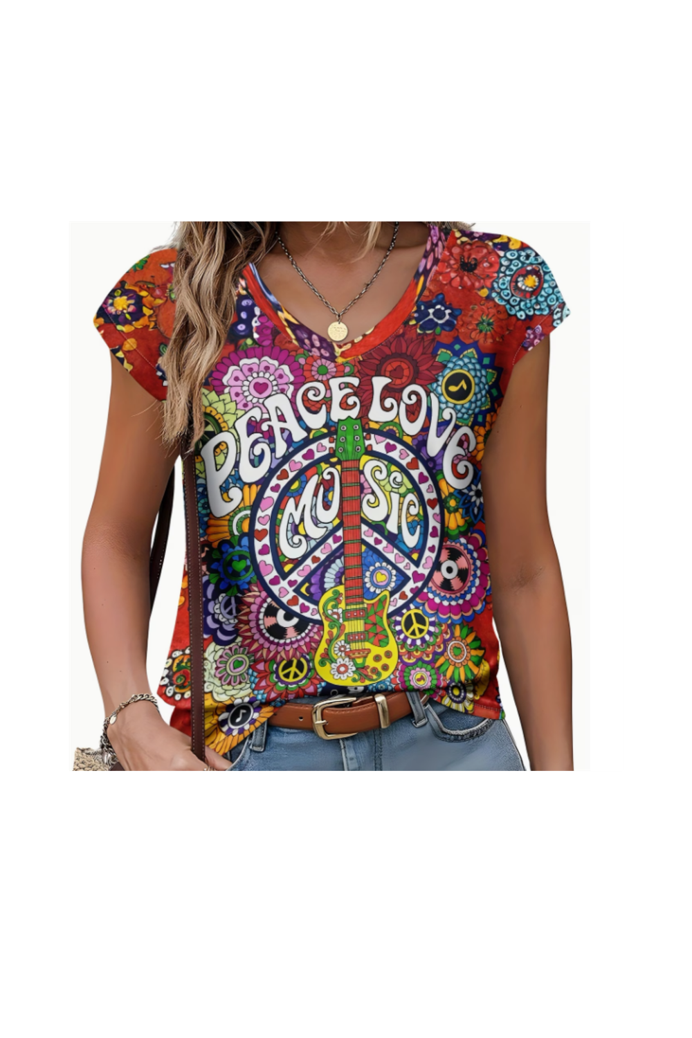 Casual Hippie Style PEACE LOVE Print V-Neck Cap Sleeve T-Shirt – Women’s Boho Graphic Tee