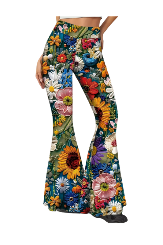 Women’s Elegant Floral Print High-Waist Stretch Flare Pants – Sexy Retro Fit