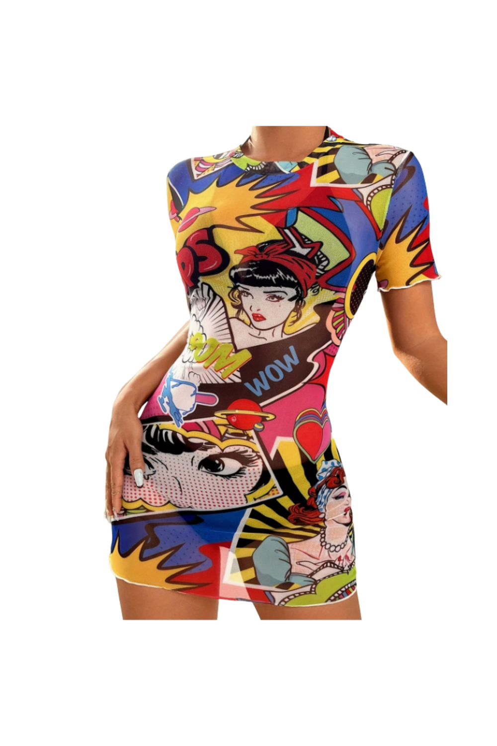 Women’s Elegant Sheer Mesh Cartoon Print Bodycon Dress – Pop Art Design, Stretch Fit, Spring/Summer