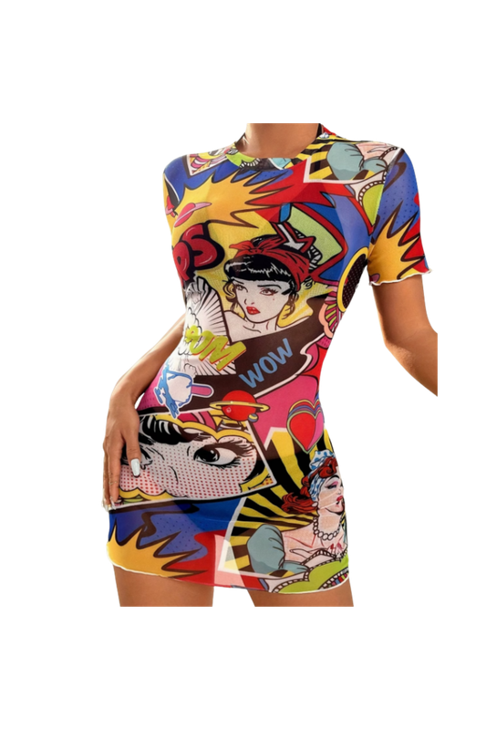 Women’s Elegant Sheer Mesh Cartoon Print Bodycon Dress – Pop Art Design, Stretch Fit, Spring/Summer