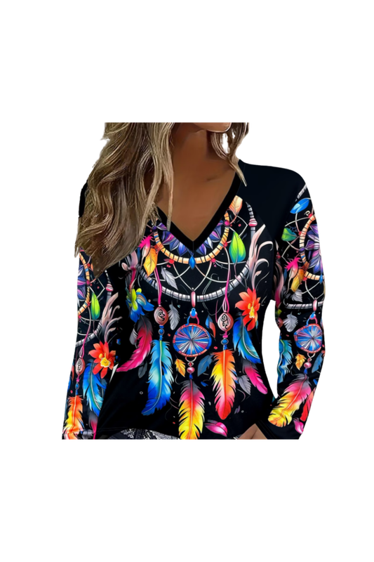 Ethnic Style Colorful V-Neck Long-Sleeve Fashion Top – Boho Casual Women’s Shirt