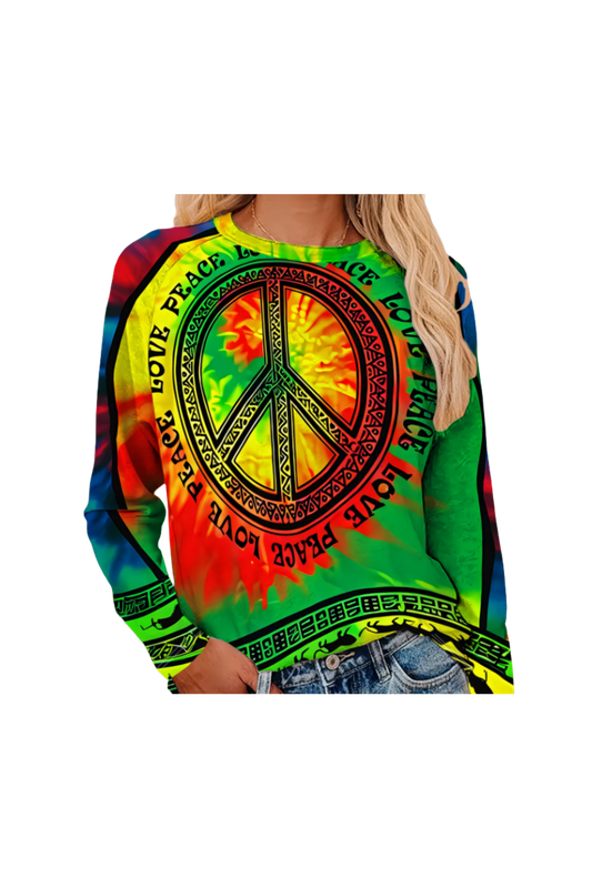 Women's Casual Long Sleeve Round Neck Blouse – Peace Symbol Print