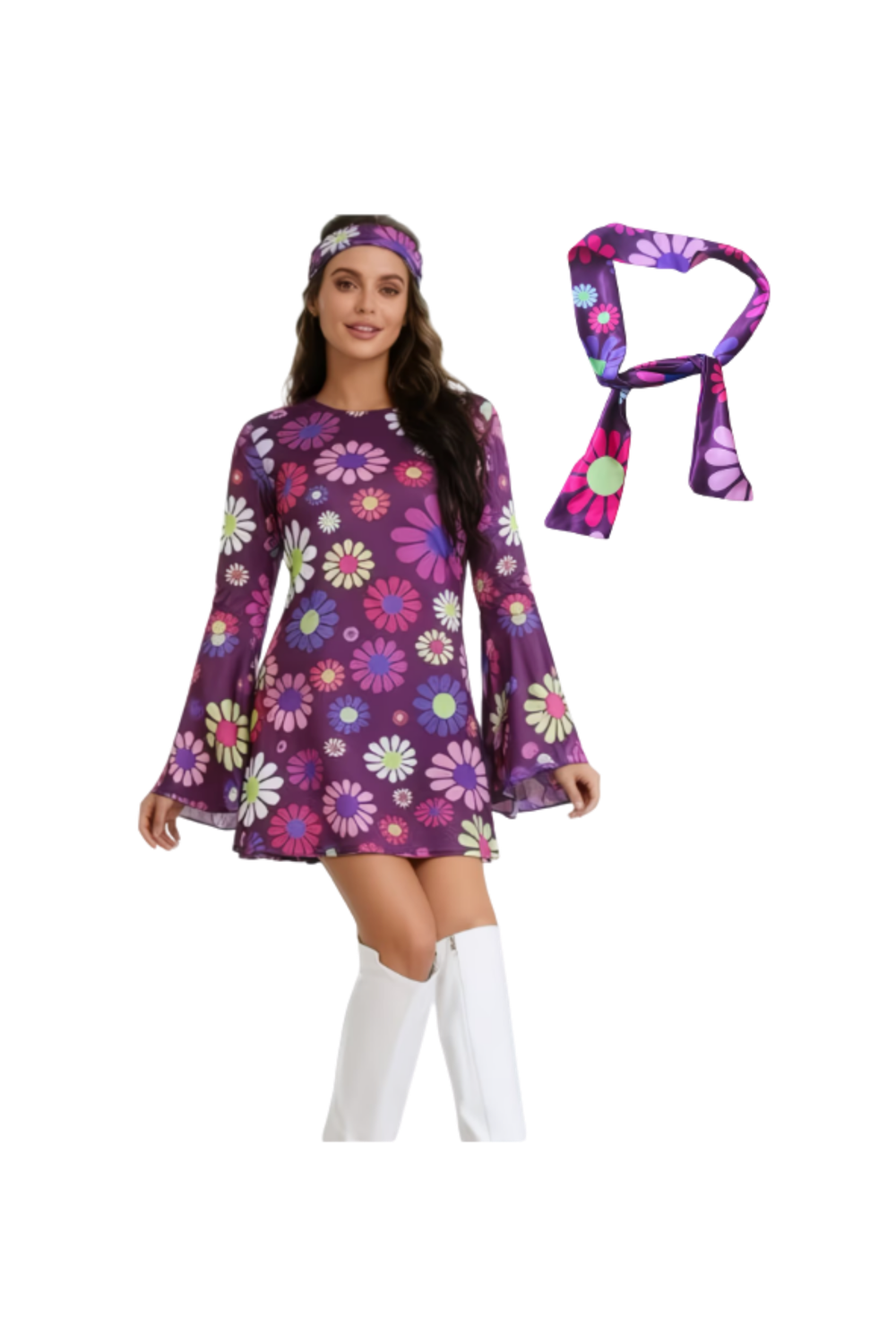 Bohemian Hippie Retro Purple Dress with Trumpet Sleeves &amp; Headband