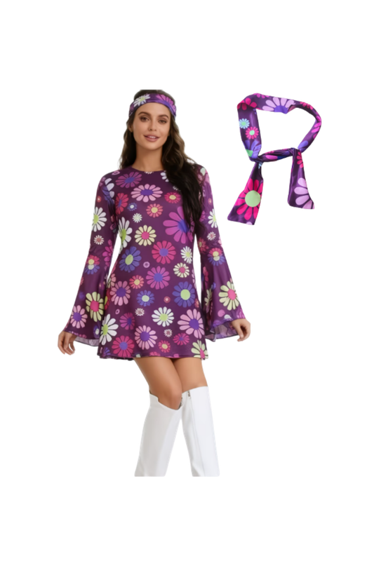 Bohemian Hippie Retro Purple Dress with Trumpet Sleeves &amp; Headband