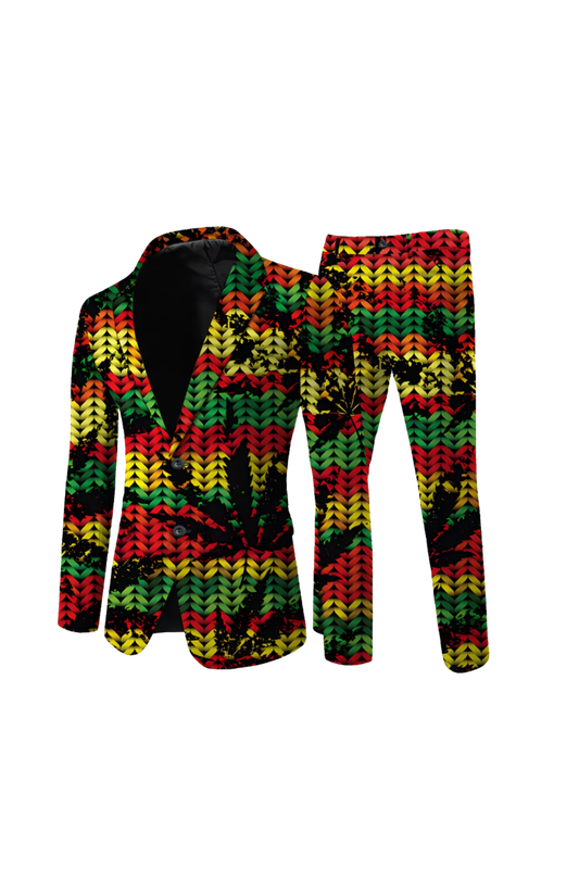 Men’s 2PCS Printed Business Suit Set – Digital Print Blazer Jacket &amp; Trousers with Rasta Colors Leaf Motif for Wedding, Banquet &amp; Party