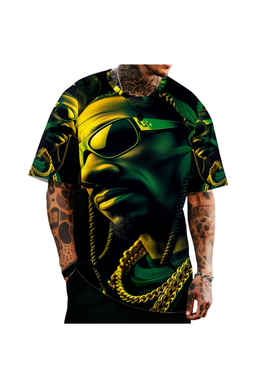 1PC Green Leaf Hip-Hop Style Print T-Shirt – Casual Summer Short Sleeve Round Neck