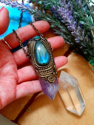 Labradorite & Amethyst Point with Fire Opal Pendant