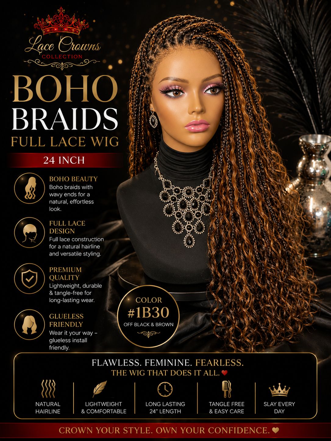 Stella - Lace Crowns Collection - 24 Inch Boho Braids Full Lace Wig