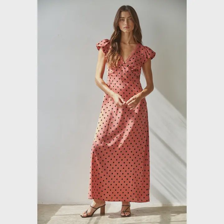 L9080 | Woven Polyester Polka Dot Puffed Capped Sleeve Dress Dusty Red