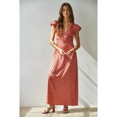 L9080 | Woven Polyester Polka Dot Puffed Capped Sleeve Dress Dusty Red
