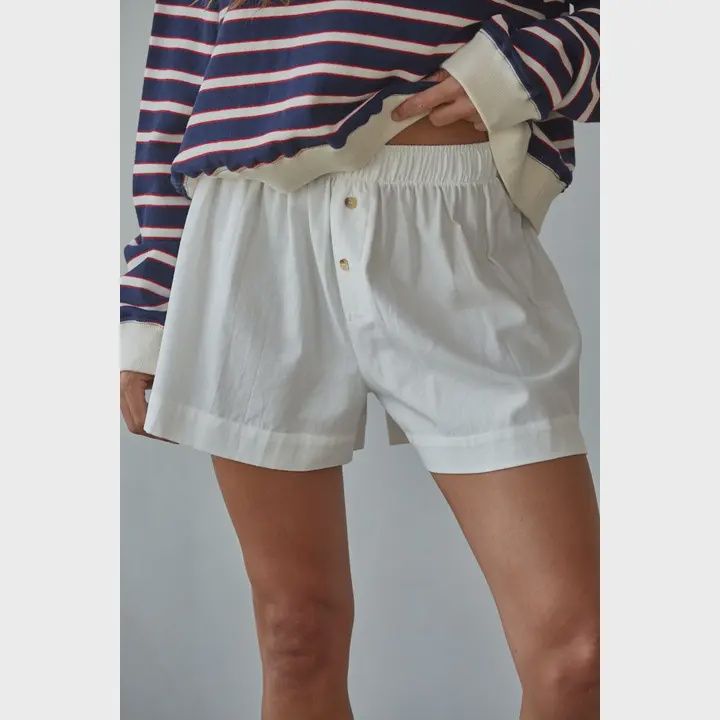 L8605B | Woven Cotton Button Down Waist Banded Shorts Off White