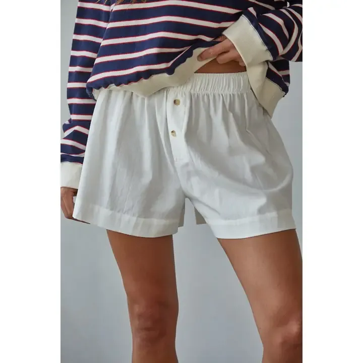 L8605B | Woven Cotton Button Down Waist Banded Shorts Off White