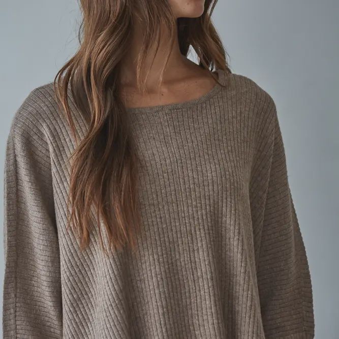 W2288T | Knit Sweater Ribbed Round Neck Long Sleeve Top Dark Mocha