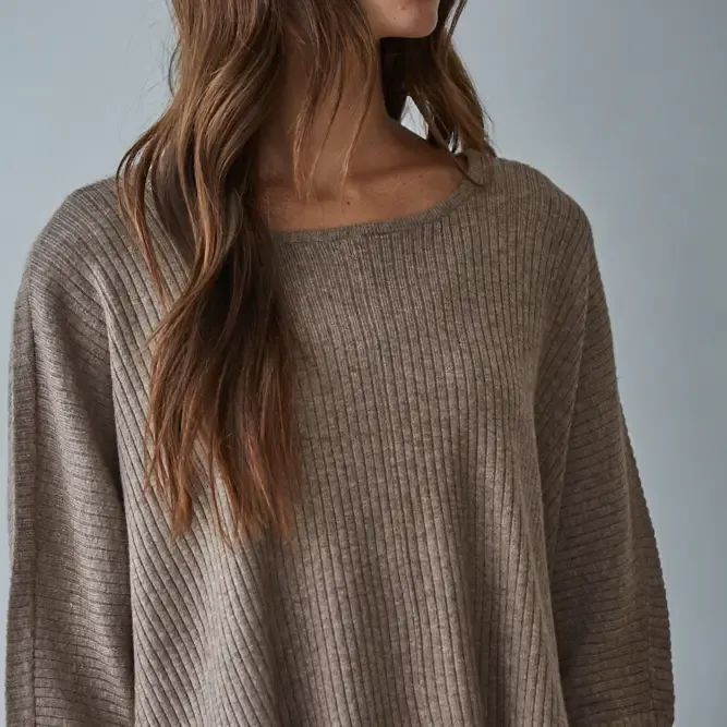 Knit Sweater Ribbed Round Neck Long Sleeve Top Dark Mocha
