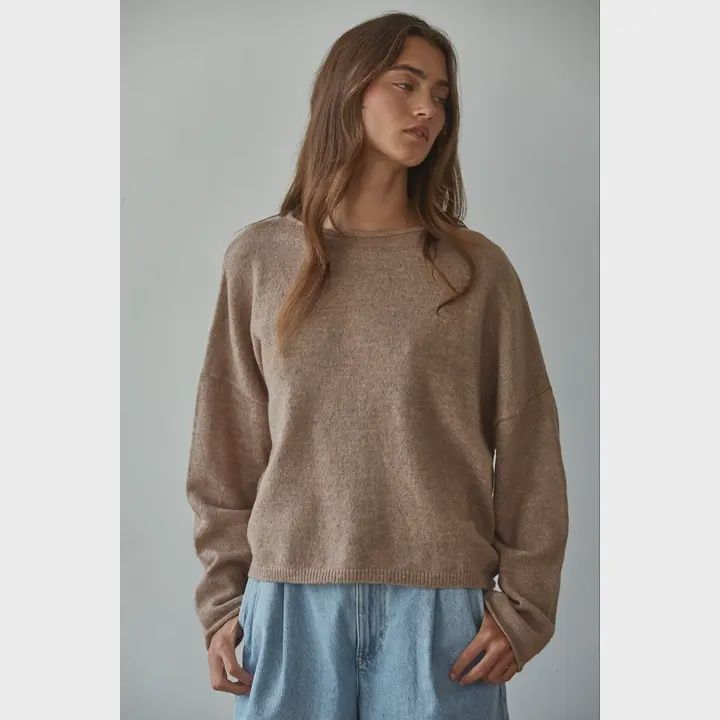 W2114 | Knit Sweater Rolled Round Neck Pullover Top Mocha