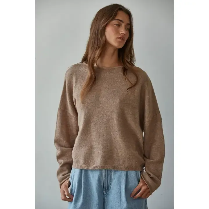 Knit Sweater Rolled Round Neck Pullover Top Mocha