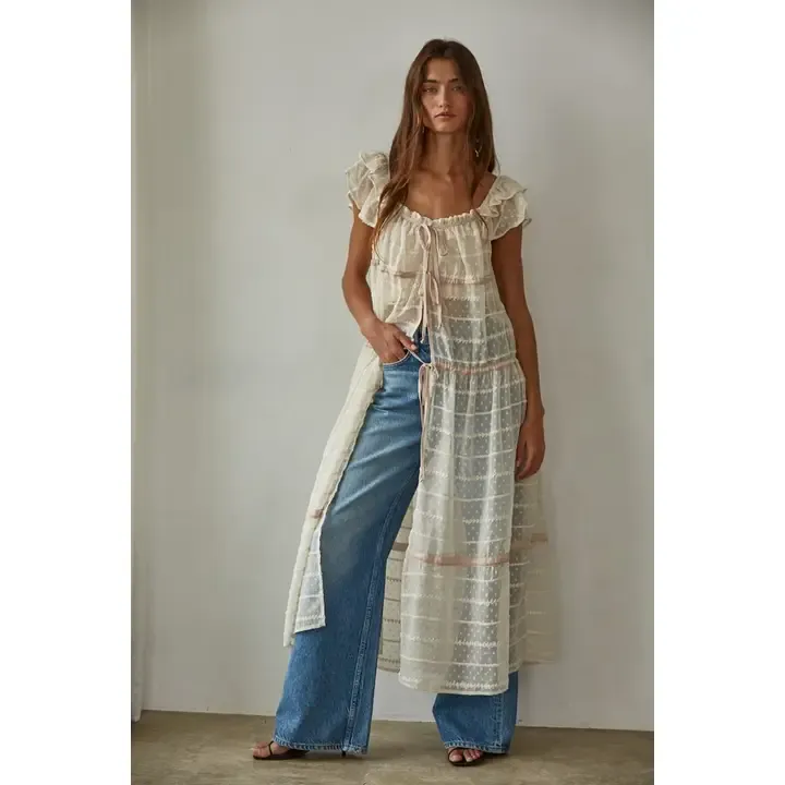 L8620 | Woven See Through Open Front Flare Maxi Dress Natural