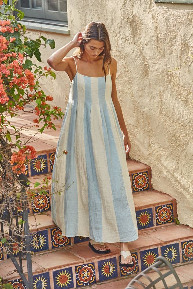 Cotton  Striped Midi Dress, Color: Cream Light Blue, Size: M