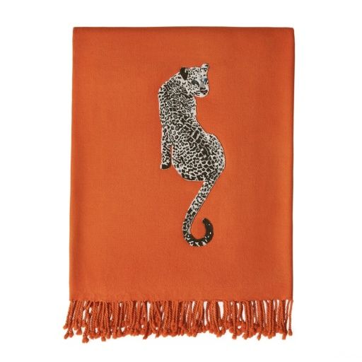 LEOPARD EMBELLISHED MERINO WOOL THROW - ORANGE - 32360