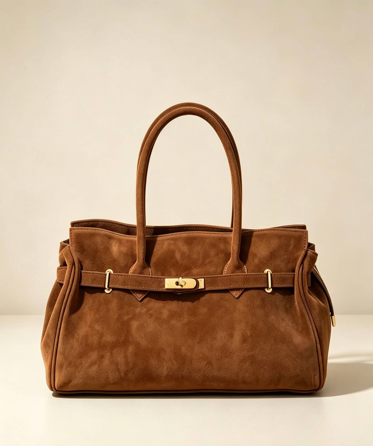 Suede Tote Bag with Golden Details 38x24x15 Made in italy, Colore: Cuoio