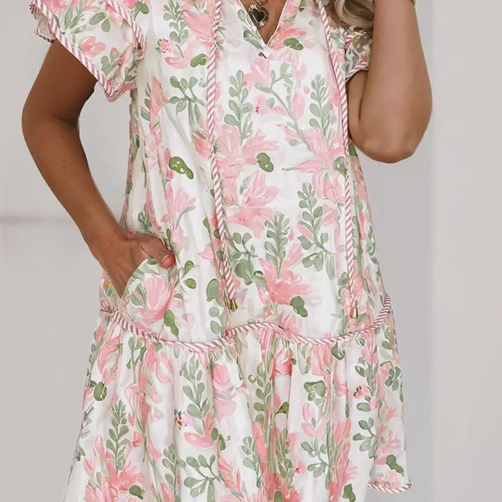 Pink Floral Contrast Edge Layered Short Sleeve Mini Dress