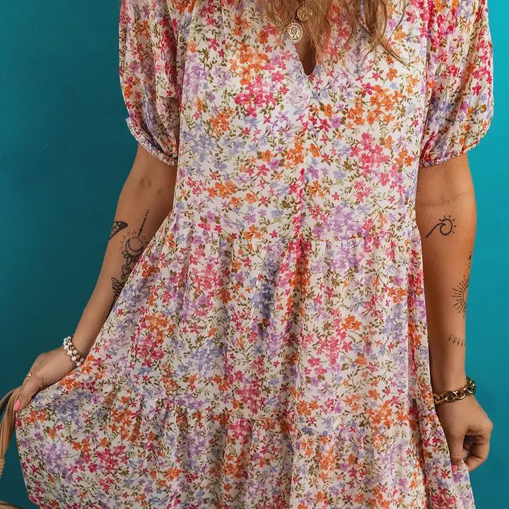 RED FLORAL V NECK MINI DRESS