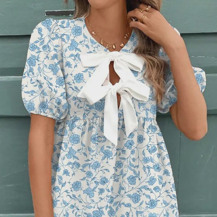 Sky Blue Floral Contrast Bow Puff Sleeve Mini Dress