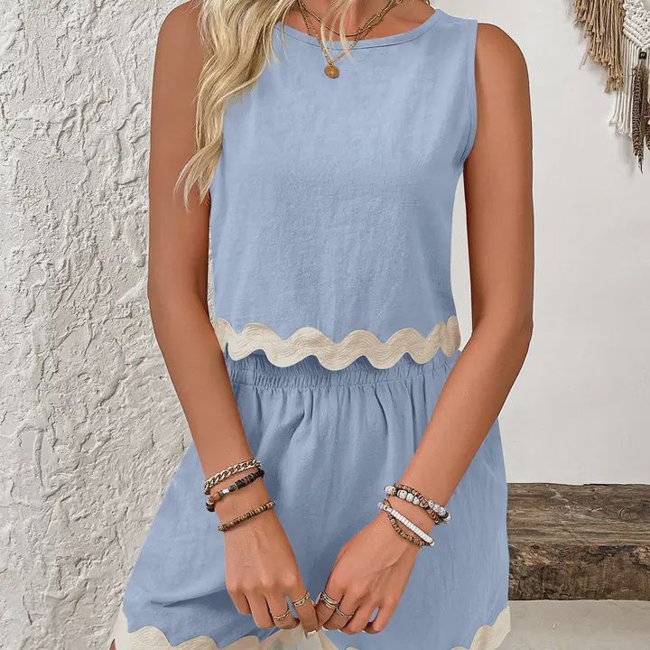Lace Edge Crew Neck Tank Top and Shorts Suit