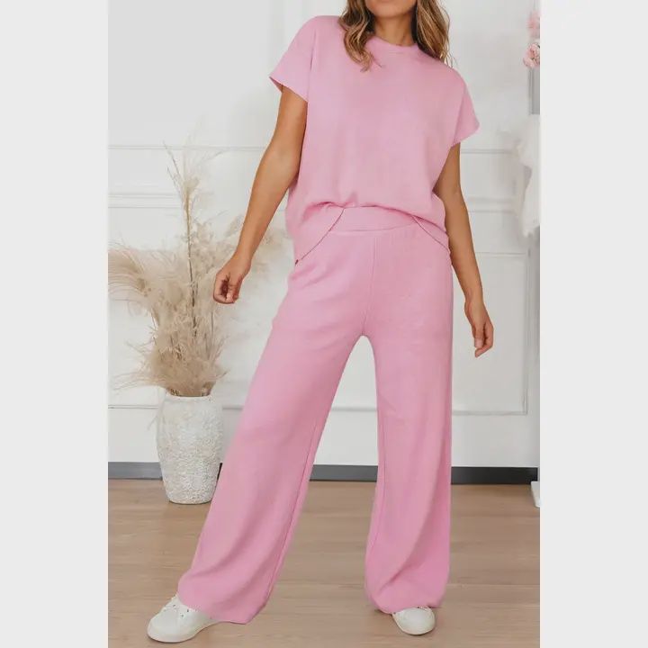 PINK LDC TEXTURED KNIT HIGH NECK ELASTIC WAIST LOOOSE PANT SET