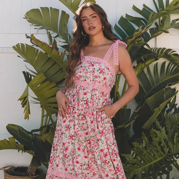 Pink Floral Lace Tied Strap Empire Waist Maxi Dress