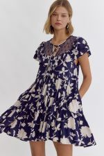 D22823 NAVY &amp; WHITE FLORAL MINI DRESS