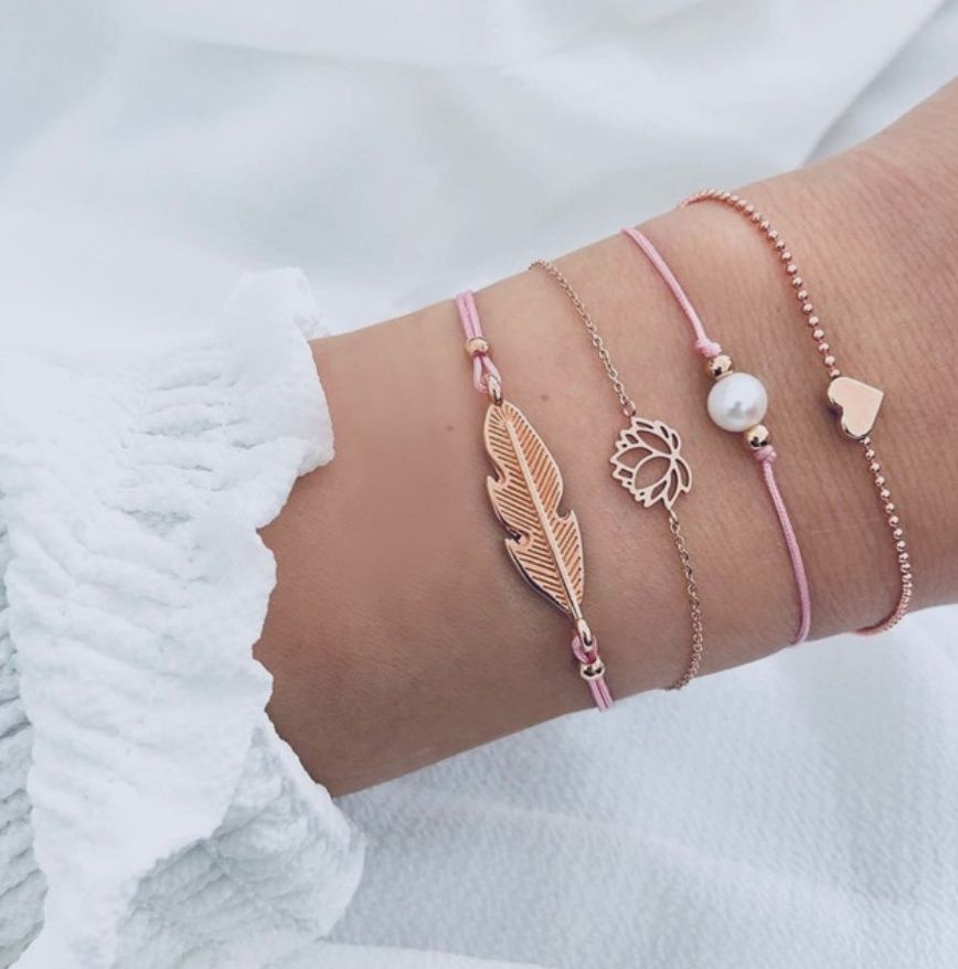 Pink Gold Feather Lotus Summer Bracelet Set