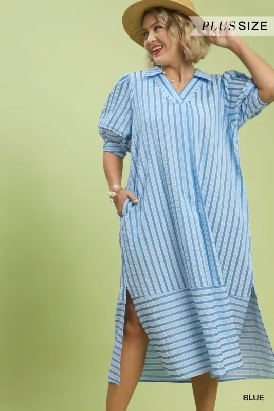Women's Plus Size Blue Striped Flutter Sleeve Midi Dress