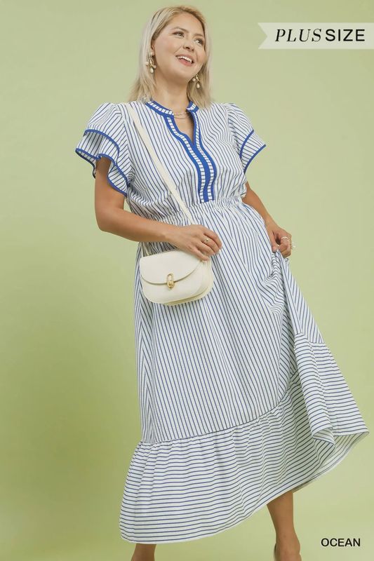 Women's Plus Size Ocean Blue Striped Flutter Sleeve Midi Dress