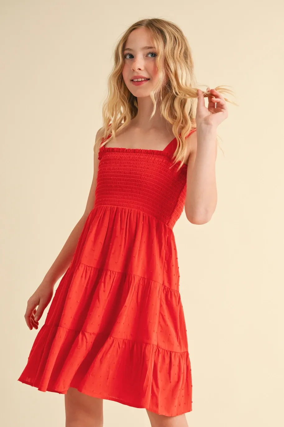 TWEEN RED SMOCKED TIERED DRESS