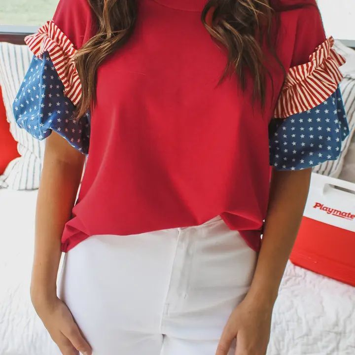 Fiery Stars Stripes Short Puff Sleeve Top