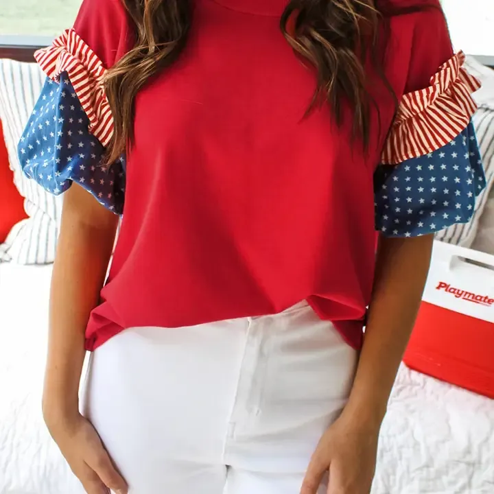 Fiery Stars Stripes Short Puff Sleeve Top