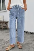 Beau Blue Drawstring Seam Detail Raw Hem Wide Leg Denim Pants