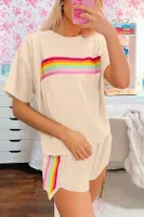 Beige Vibrant Striped Detail Athleisure 2pcs Short Set